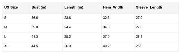 Size chart for Avery Print Drop Shoulder Sweater with US sizes S to XL in bust, length, hem width, and sleeve length.