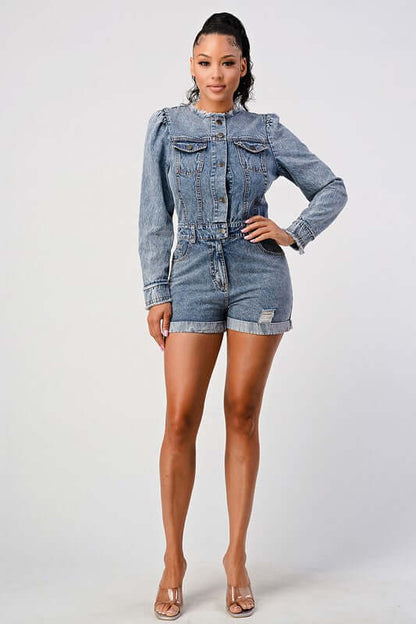 LONG SLEEVE DENIM ROMPER featuring a stylish design, cinched waist, and classic blue wash for a chic casual look.