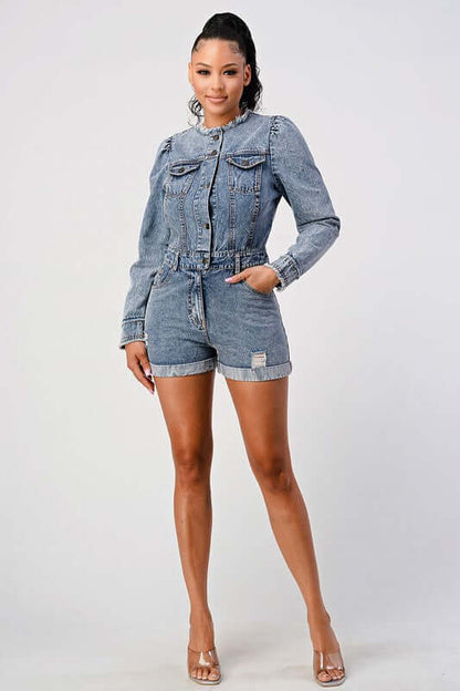 LONG SLEEVE DENIM ROMPER featuring a cinched waistline and classic blue wash, perfect for casual chic style.