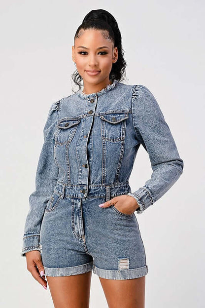 LONG SLEEVE DENIM ROMPER featuring a classic blue wash and cinched waistline for a chic, figure-flattering fit.