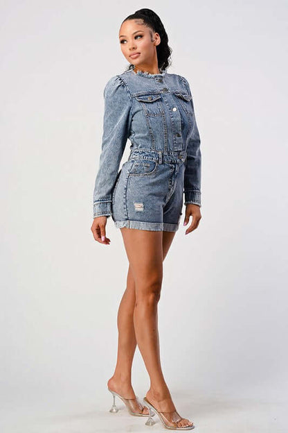 LONG SLEEVE DENIM ROMPER with a cinched waist and classic blue wash, perfect for casual chic style.