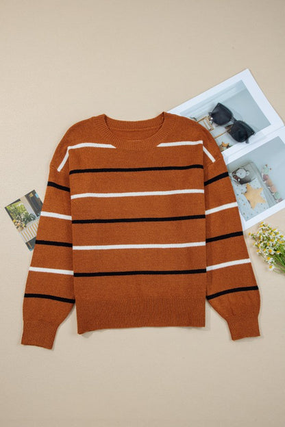 Stripe Ribbed Trim Drop Shoulder Sweater in chic striped design for casual fall wear.