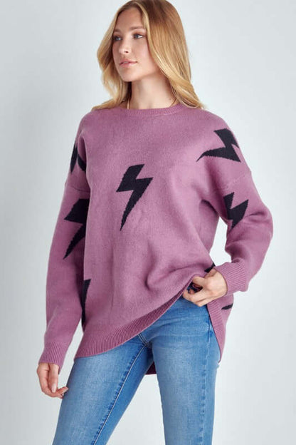 BOLT LONG SLEEVE CREW NECK SWEATER in soft fabric featuring a lightning print, styled with jeans, plus size option available.