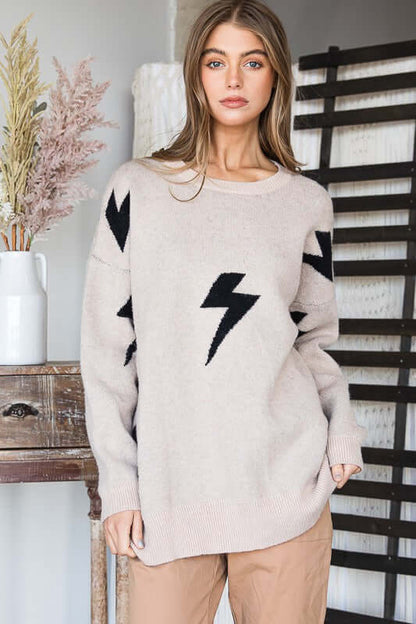 BOLT LONG SLEEVE CREW NECK SWEATER with bolt lightning print, model wearing sweater in soft fabric, plus size fashion.