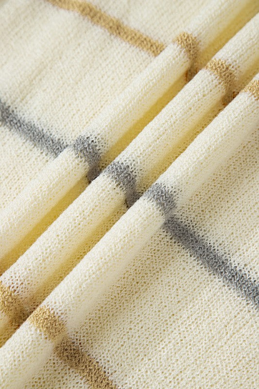 Close-up of Stripe Ribbed Trim Drop Shoulder Sweater fabric with yellow and gray stripes.