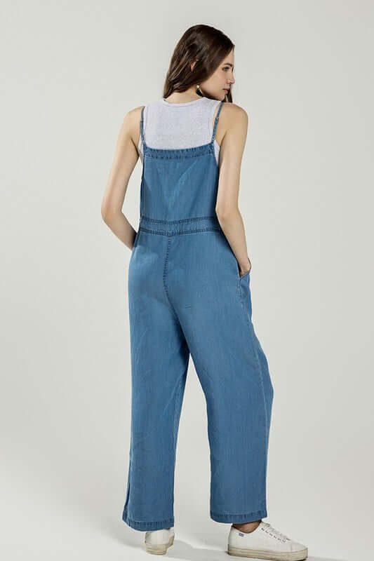 Plus Pocket Adjustable Straps Overall Jumpsuit seen from the back, showcasing its relaxed fit and adjustable straps.