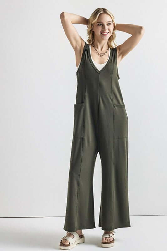 Oversized Patched Pocket V-Neck Jumpsuit in olive green with wide-leg pants and oversized pockets.