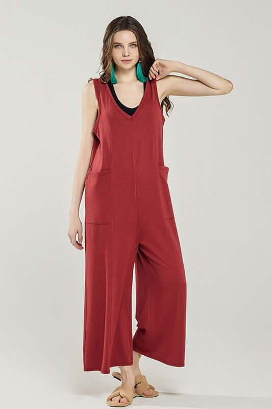 Oversized Patched Pocket V-Neck Jumpsuit in red, featuring dropped armholes and wide-leg design.