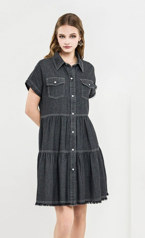 Button Down Tiered Babydoll Denim Shirt Dress featuring a chic collar and roll-up sleeves.