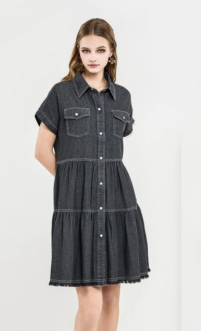 Button Down Tiered Babydoll Denim Shirt Dress featuring a chic collar and roll-up sleeves.