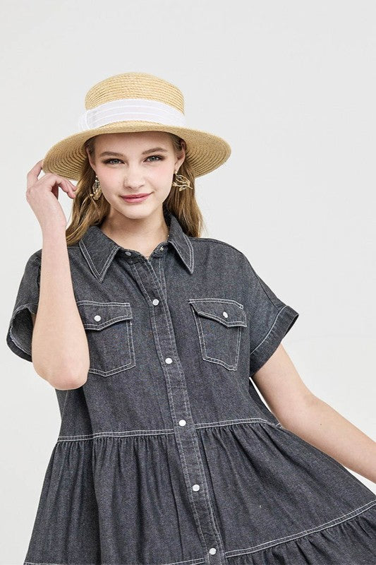 Button Down Tiered Babydoll Denim Shirt Dress with chic collar and roll-up sleeves, perfect for spring and summer outings.