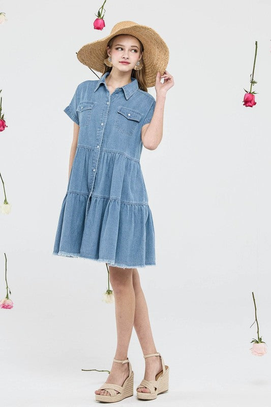 Button Down Tiered Babydoll Denim Shirt Dress worn by model with straw hat, perfect for spring and summer outings.