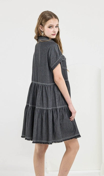 Button Down Tiered Babydoll Denim Shirt Dress showcasing the stylish tiered A-line design and chic collar.