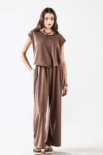 Open Front Wide Leg Jumpsuit in brown with relaxed fit and twist-front detail, perfect for casual wear.