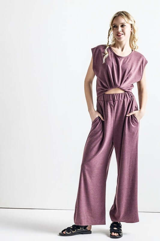 Open Front Wide Leg Jumpsuit featuring a relaxed wide-leg design and side pockets for a trendy casual look.