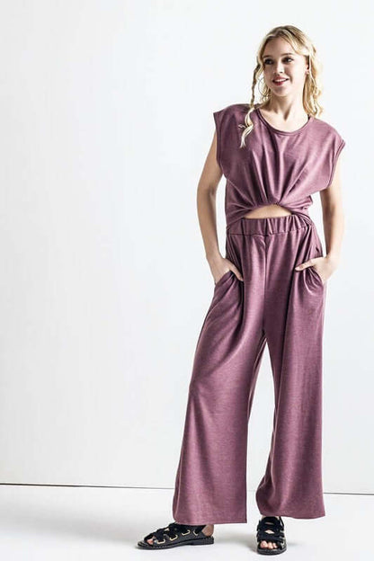 Open Front Wide Leg Jumpsuit featuring a relaxed wide-leg design and side pockets for a trendy casual look.