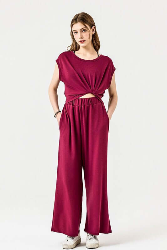 Open Front Wide Leg Jumpsuit in burgundy, featuring a trendy twist-front and practical side pockets.