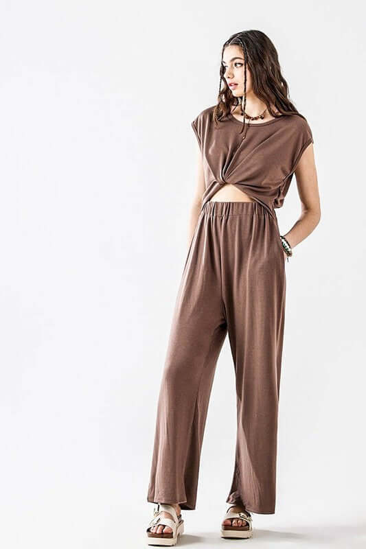 Open Front Wide Leg Jumpsuit featuring a relaxed wide-leg design and trendy twist-front detail.