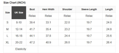 Size chart for Stripe Ribbed Trim Drop Shoulder Sweater showing UK sizes, bust, hem width, shoulder, sleeve, and length measurements.