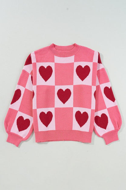 Love Heart Checkered Valentine Crew Neck Sweater with heart pattern and bubble sleeves in sweet pink and red hues, perfect for daily wear.