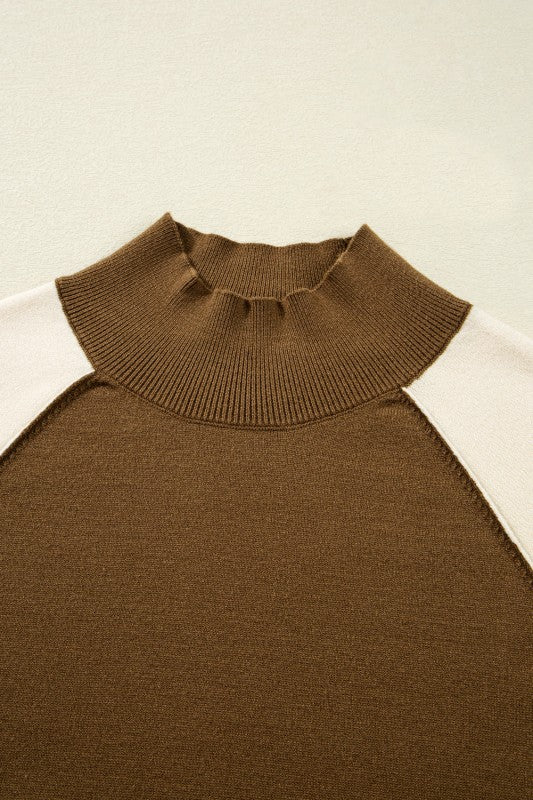 Colorblock Raglan Puff Sleeve Mock Neck Sweater with chic design and cozy feel, close-up of neckline and sleeve detailing.