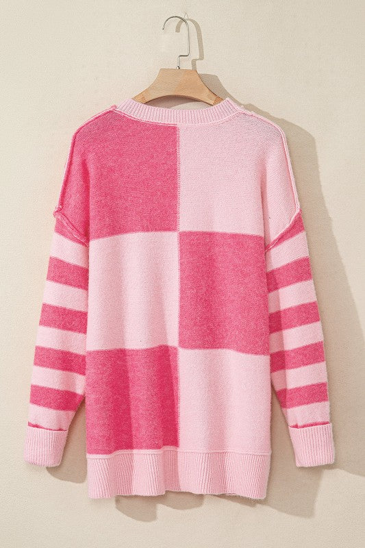 Pink Abigail High Low Loose Sweater with colorblocking and stripes