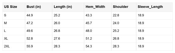 Size chart for Abigail High Low Loose Sweater detailing bust, length, hem width, shoulder, and sleeve length in inches for sizes S-2XL.