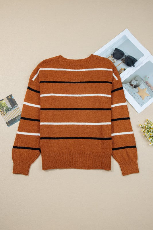 Stripe Ribbed Trim Drop Shoulder Sweater in cozy striped design, displayed flat with casual accessories, perfect for fall fashion.