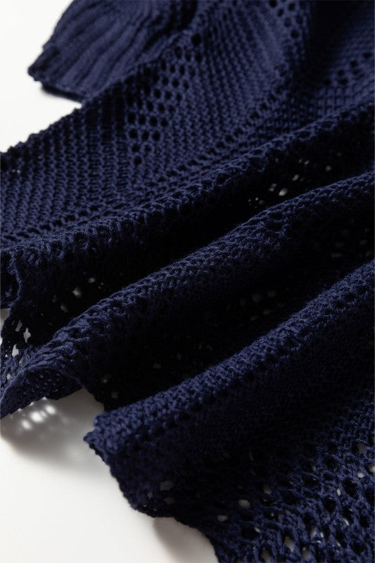 Close-up of Ava 8 Sleeve Casual Sweater in navy with hollow out knit design, showcasing trendy and breezy fabric texture for fall.