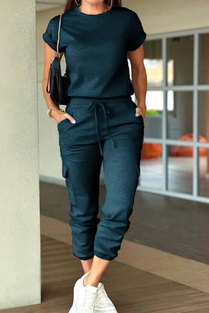 Crew Neck Short Sleeve Drawstring Waist Jumpsuit in dark green, perfect for casual and outdoor occasions.