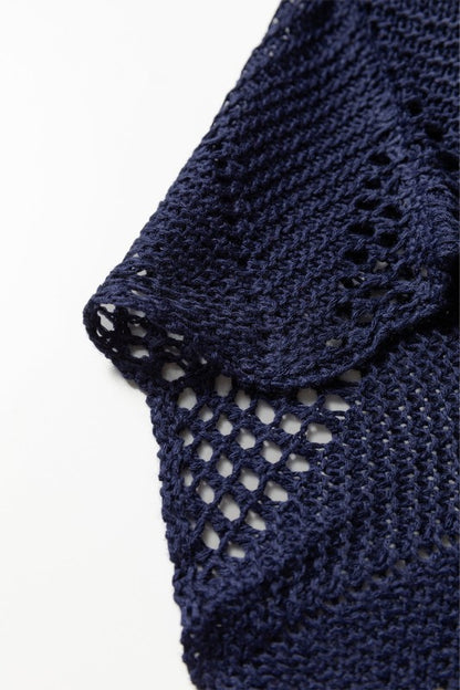 Close-up of navy woven knit design on Ava 8 Sleeve Casual Sweater, showcasing the hollow out pattern for a breezy, stylish fall look.
