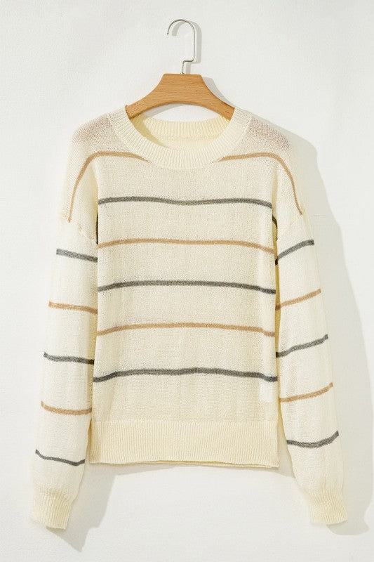 Stripe Ribbed Trim Drop Shoulder Sweater with chic striped design and cozy fabric, perfect for a casual fall look.