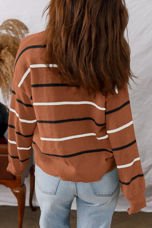 Back view of model wearing Stripe Ribbed Trim Drop Shoulder Sweater in brown with black and white stripes for a casual fall look.