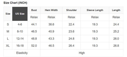 Size chart for Rainbow Confetti Patchwork Drop Shoulder Sweater including measurements for bust, hem, shoulder, sleeve, and length.