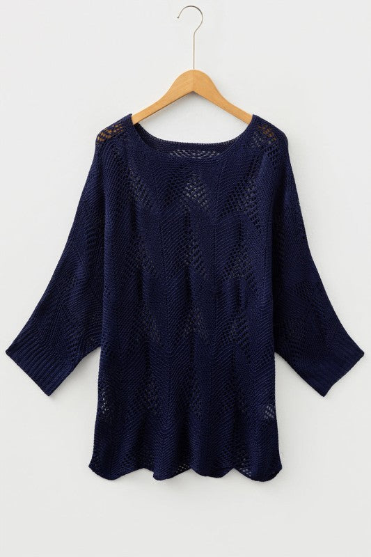 Navy Ava 8 Sleeve Casual Sweater with hollow out knit design and 7/8 sleeves, perfect for stylish fall layering.