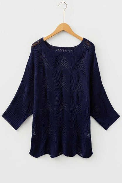 Navy Ava 8 Sleeve Casual Sweater with hollow out knit design and 7/8 sleeves, perfect for stylish fall layering.