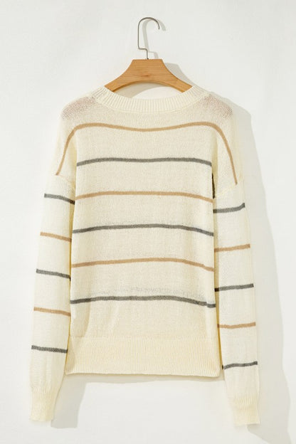 Stripe Ribbed Trim Drop Shoulder Sweater with chic striped design, perfect for a casual fall look, cozy and stylish.