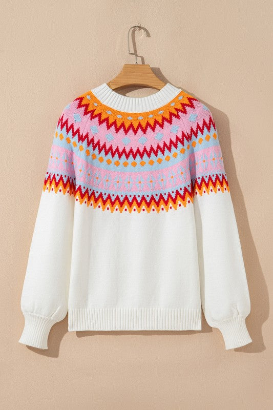 Avery Print Drop Shoulder Sweater with ethnic geometric print, colorblock design, relaxed drop shoulder fit, cozy knit fabric.
