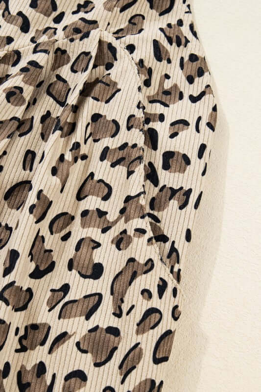 Leopard Bib Wide Leg Jumpsuit close-up of leopard print fabric detail on jumpsuit