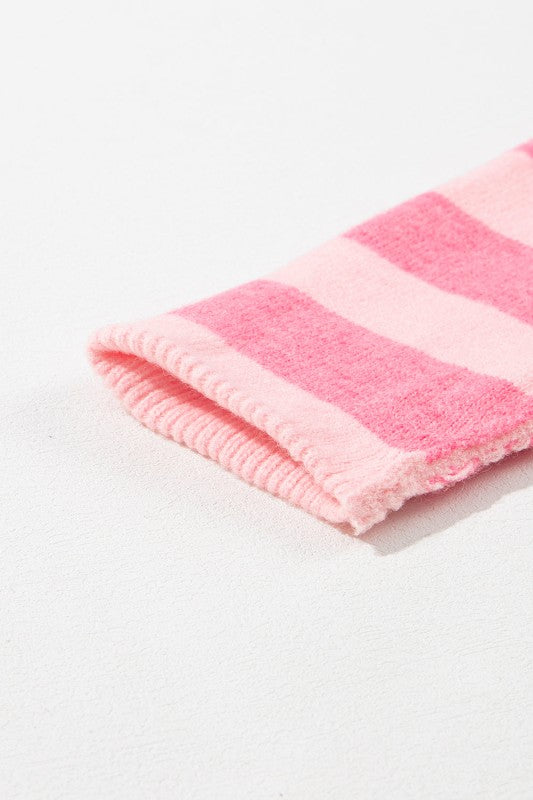 Close-up of pink stripe pattern on Abigail High Low Loose Sweater, showcasing soft, feminine style and texture detail.