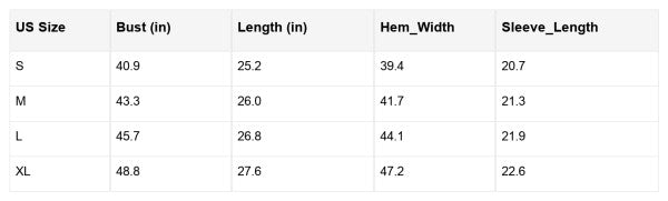 Size chart for Ava 8 Sleeve Casual Sweater with bust, length, hem width, and sleeve length measurements in inches.