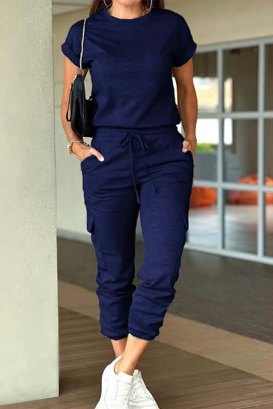 Crew Neck Short Sleeve Drawstring Waist Jumpsuit in navy, perfect for casual outings and vacations.