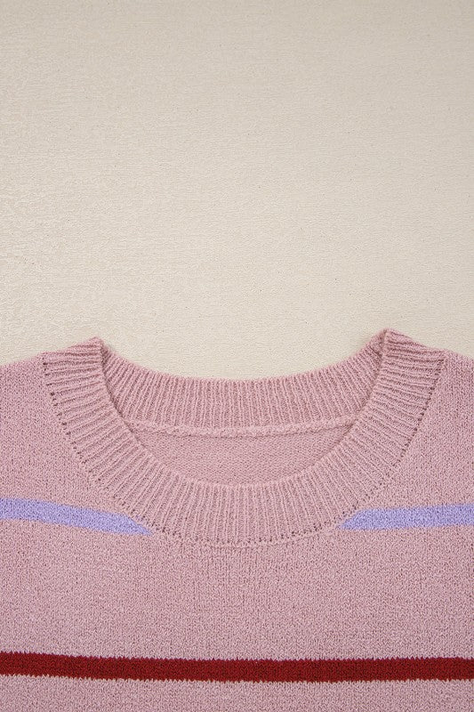 Stripe Ribbed Trim Drop Shoulder Sweater in pink with colorful stripes, offering cozy style and comfort for fall season fashion.