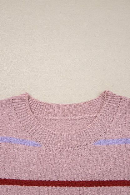 Stripe Ribbed Trim Drop Shoulder Sweater in pink with colorful stripes, offering cozy style and comfort for fall season fashion.