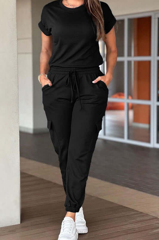 Crew Neck Short Sleeve Drawstring Waist Jumpsuit in black, perfect for casual outings and daily wear.