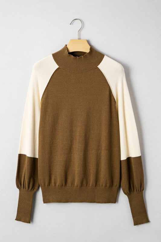 Colorblock Raglan Puff Sleeve Mock Neck Sweater in brown and white, showcasing bold colorblock design and luxurious viscose blend knit.
