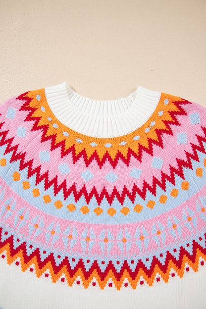 Avery Print Drop Shoulder Sweater with ethnic geometric print and colorblock design in cozy knit fabric.