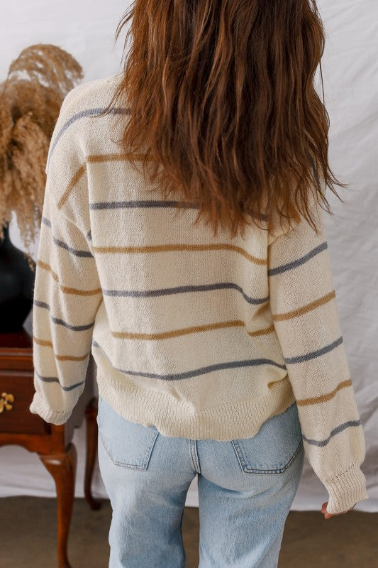 Back view of Stripe Ribbed Trim Drop Shoulder Sweater with chic striped design and loose fit for a stylish, cozy look.