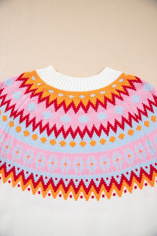 Avery Print Drop Shoulder Sweater with ethnic geometric and colorblock design featuring vibrant colors and knit fabric.