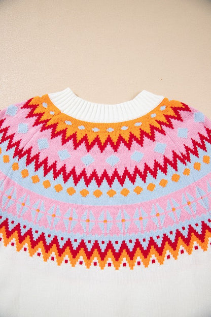 Avery Print Drop Shoulder Sweater with ethnic geometric and colorblock design featuring vibrant colors and knit fabric.